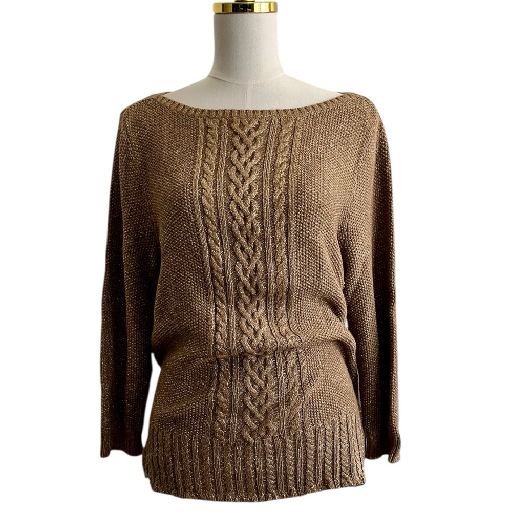 Ralph Lauren Women's Cable Knit Gold Metallic Sweater Size XL